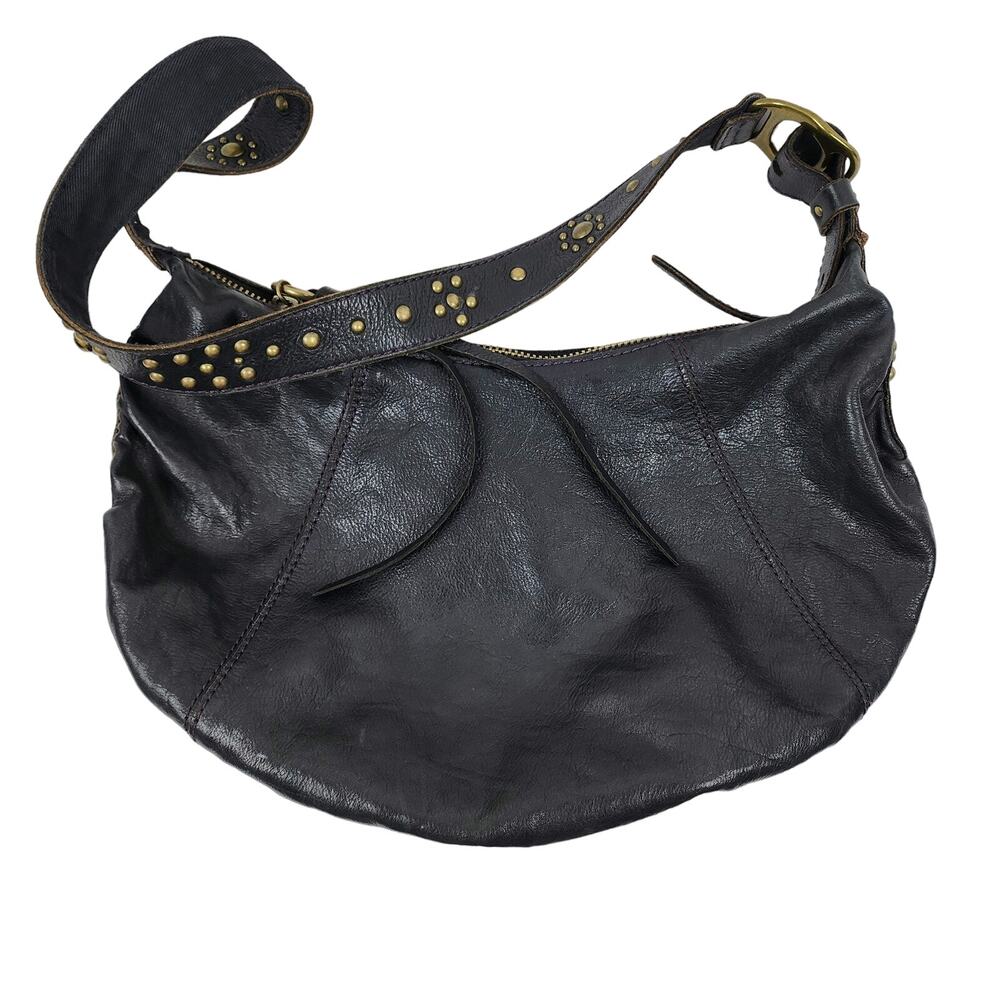Lucky Brand Black Genuine Leather Retro Y2K Brass Studded Hobo Shoulder Bag